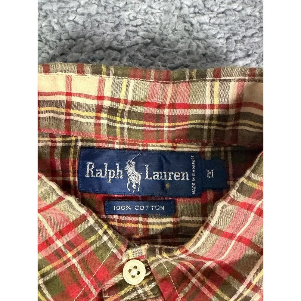 Vintage Ralph Lauren Shirt Red Green Tartan Plaid Button Down Mens Medium Pony